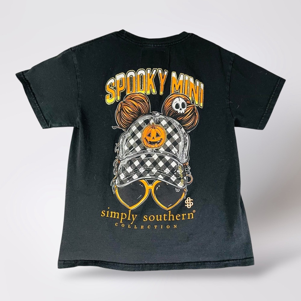 Simply Southern Kids Halloween Shirt Youth Small Spooky Mini Pumpkin Skull Black